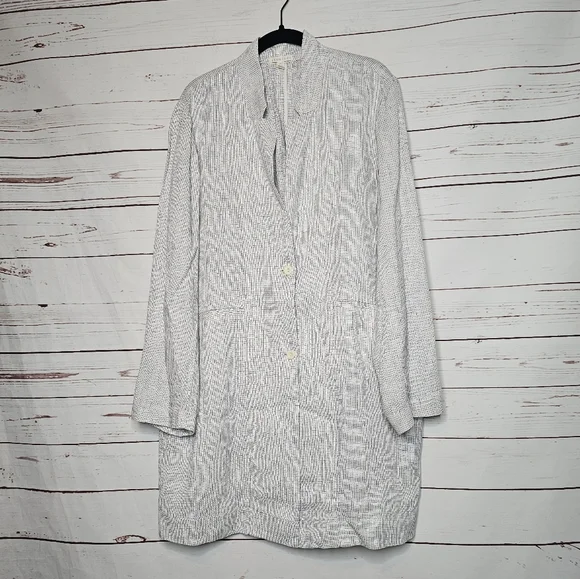 Eileen Fisher Check Print Slub Linen Notched Collar Long Jacket - Picture 1 of 10